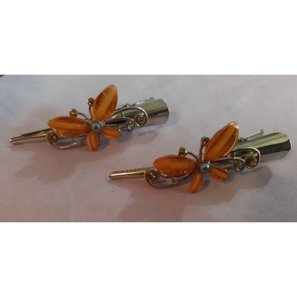 Vintage Butterfly Hair Clips Barrettes With Orange Stone Accents Silver-Tone